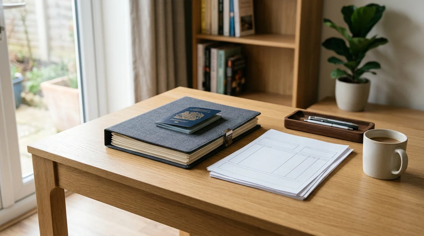Neat folder of bankruptcy documents, passport, and bank statements on a desk