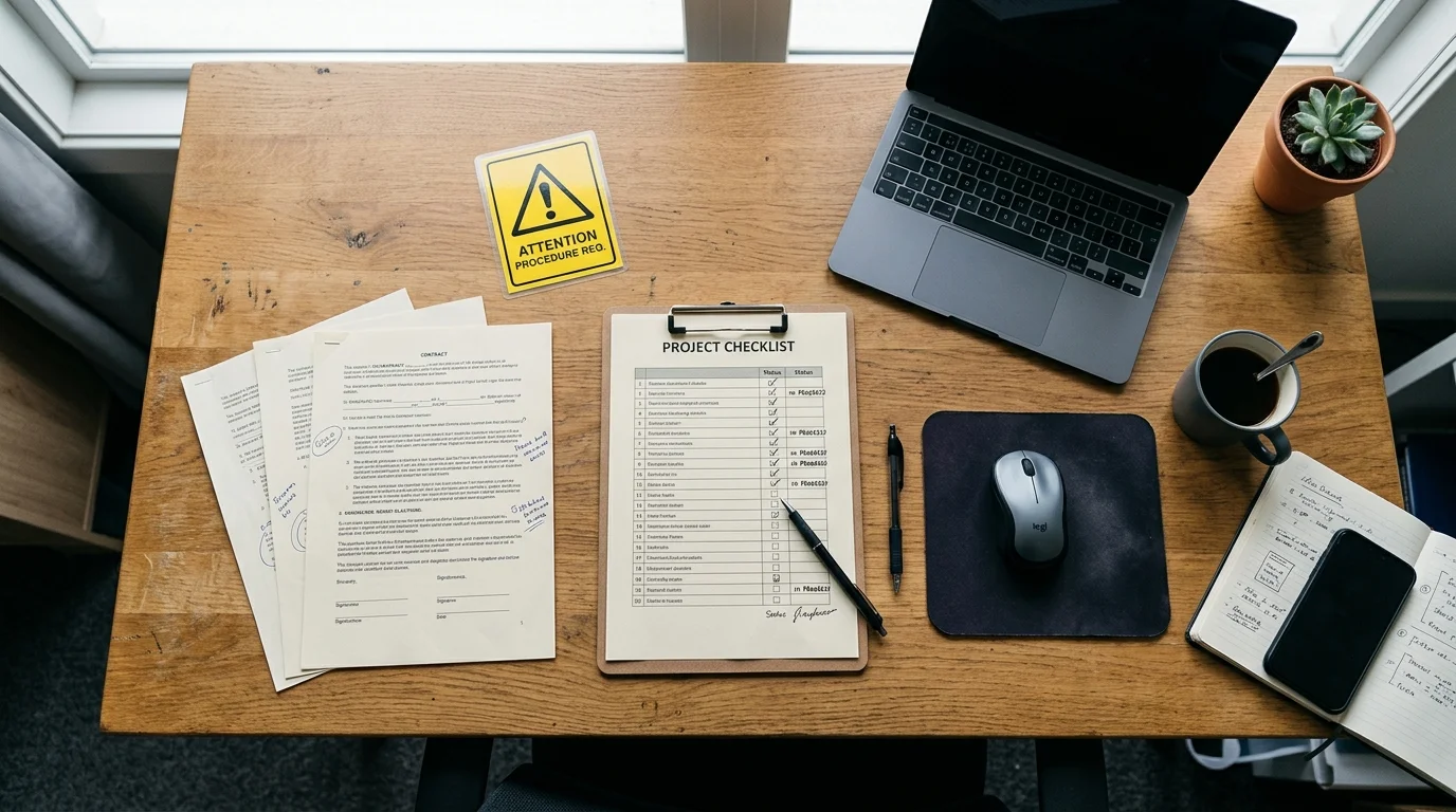 Checklist, contract pages, and warning sign on a desk