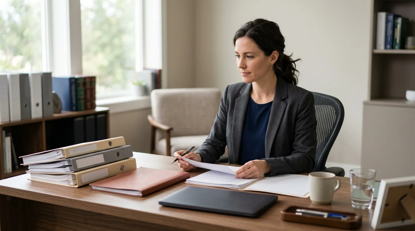 Neutral professional at a desk with case files and a court folder