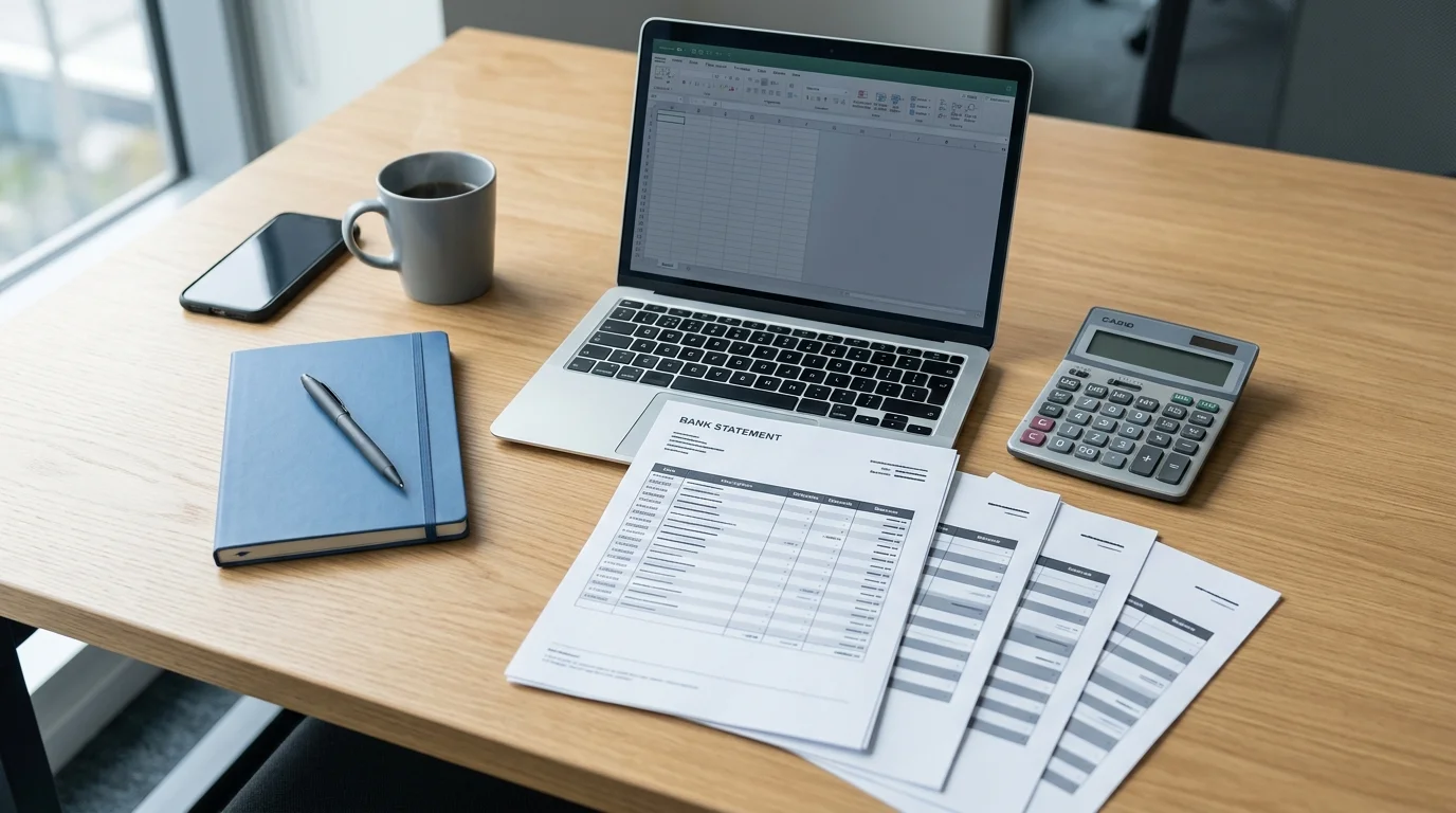 Spreadsheet calculator and bank statements on a desk for bankruptcy budget planning
