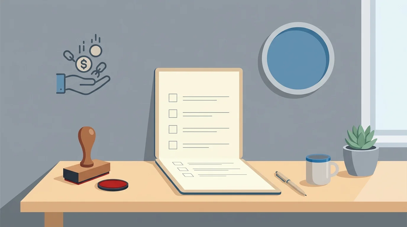 Checklist with a stamp, a clock, and a simple debt relief icon